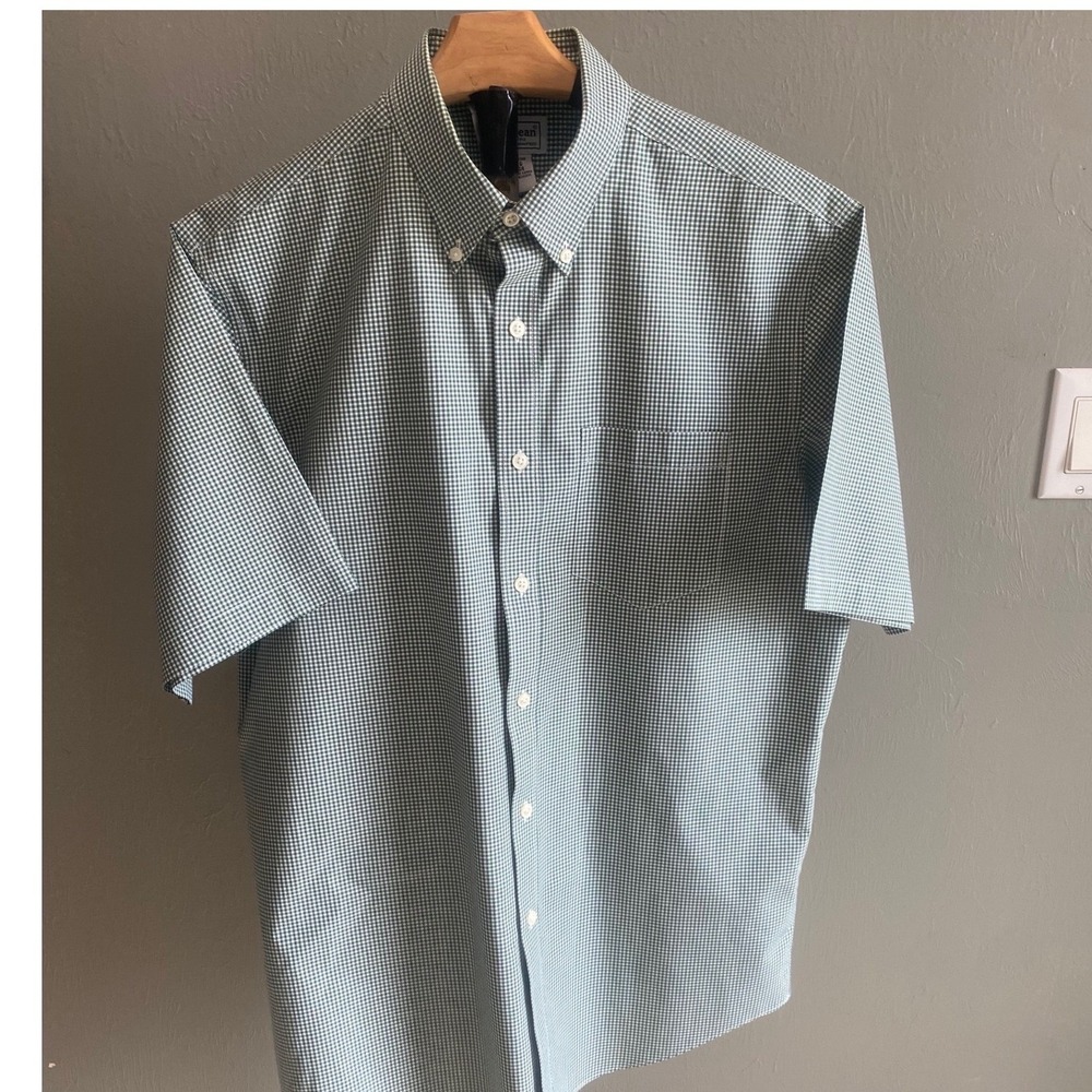 LL Bean Mens Gingham Button Down Shirt Green White Short Sleeve Cotton M Regular